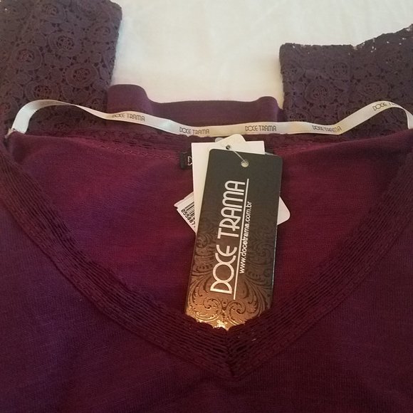 Burgundy Lace Bell-Sleeve V-Neck Knit Top Size S - Picture 3 of 13